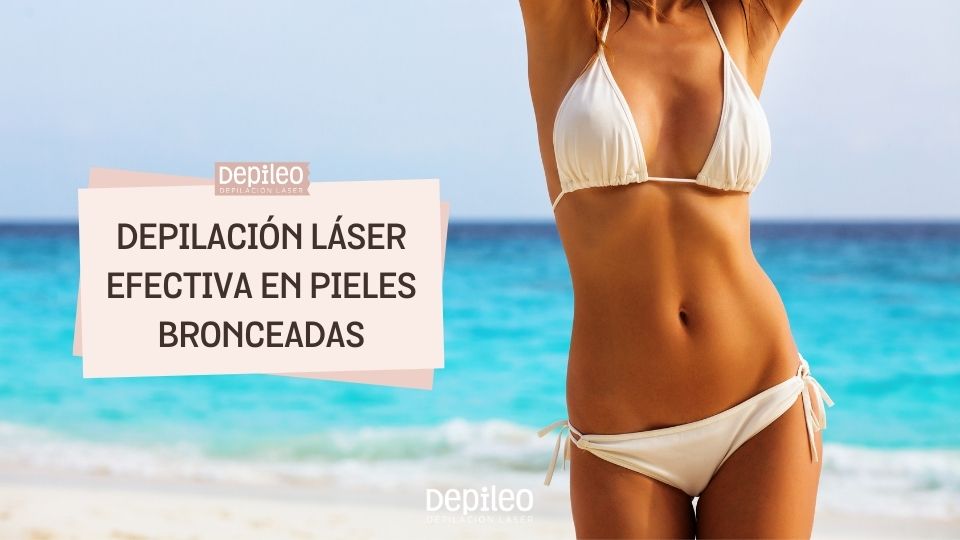 Primer plano de mujer con piel bronceada recibiendo un tratamiento de depilación láser seguro y efectivo en las ingles. Depilación láser en ingles efectiva incluso en pieles bronceadas en Depileo.