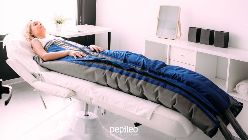 Presoterapia profesional en los centros de estética Depileo. Sesión de presoterapia en centro de estética Depileo.